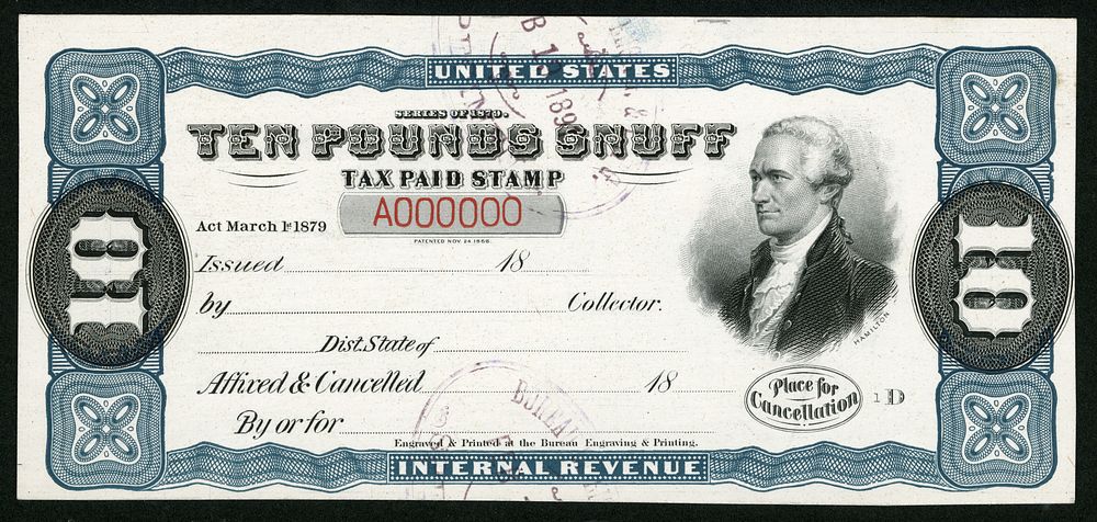 10 pounds Snuff taxpaid revenue stamp proof single