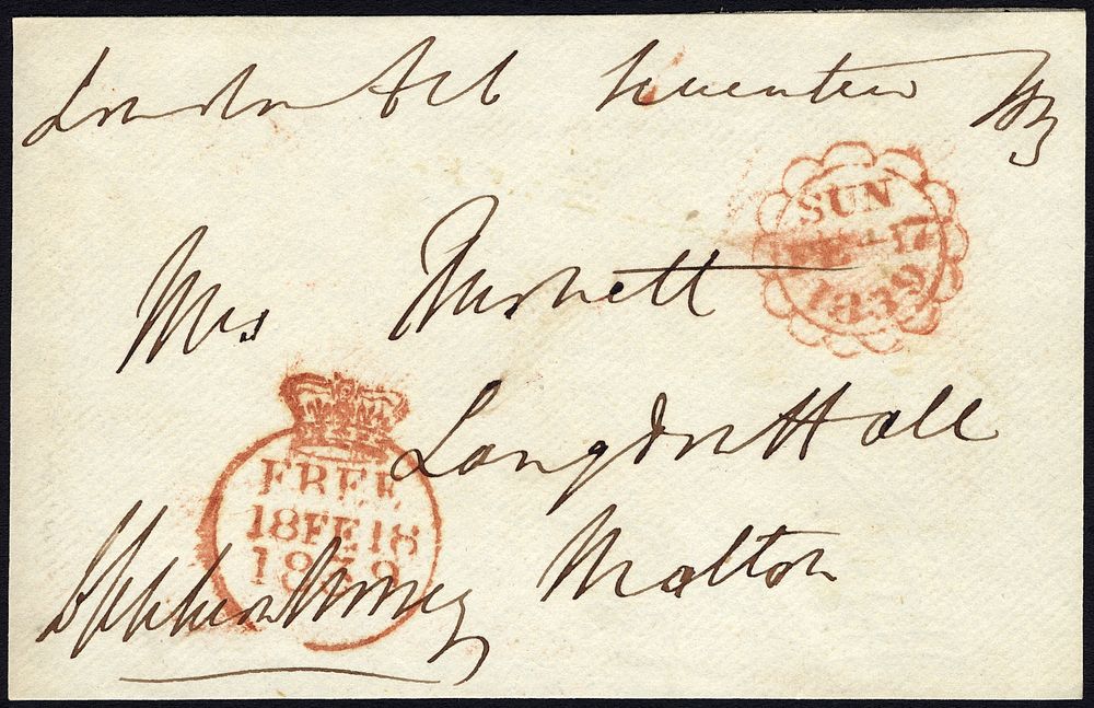 Free Frank front from England, with a Sunday postmark