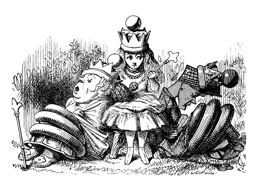 The White Queen, ALice, and The Red Queen, characters from Alice's Adventures in Wonderland (1871) by John Tenniel