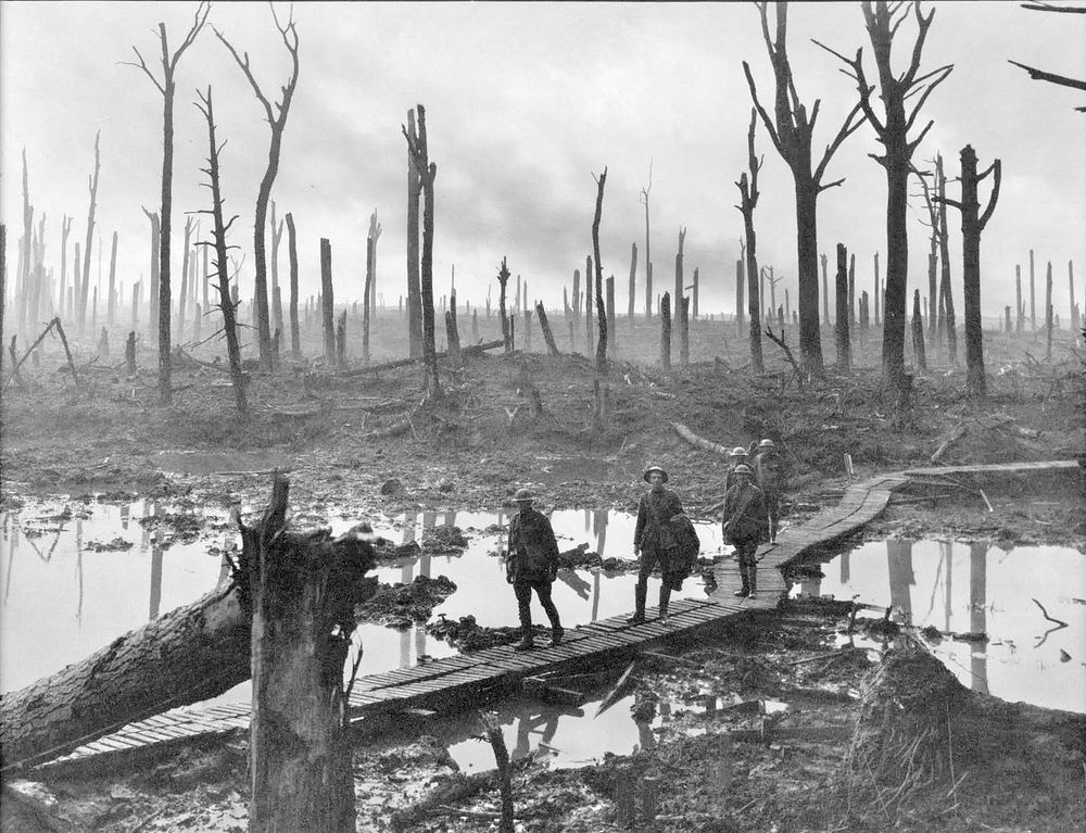 Soldiers of an Australian 4th Division field artillery brigade on a duckboard track passing through Chateau Wood, near Hooge…