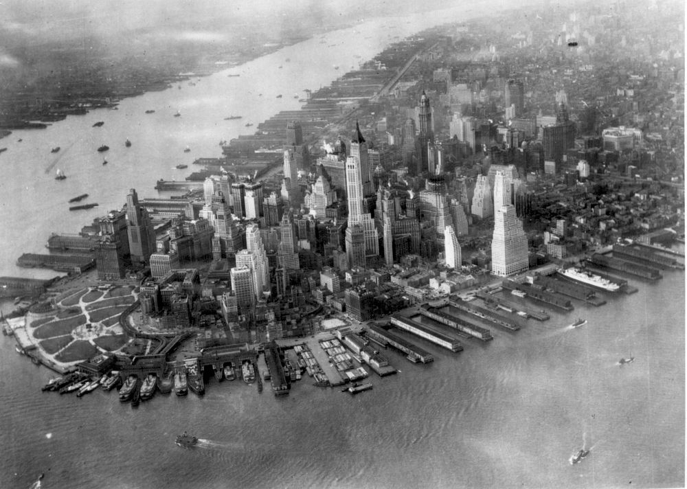 Aerial view of the tip of Manhattan, New York, United States ca. 1931. Note that the Cities Service Building (now known as…