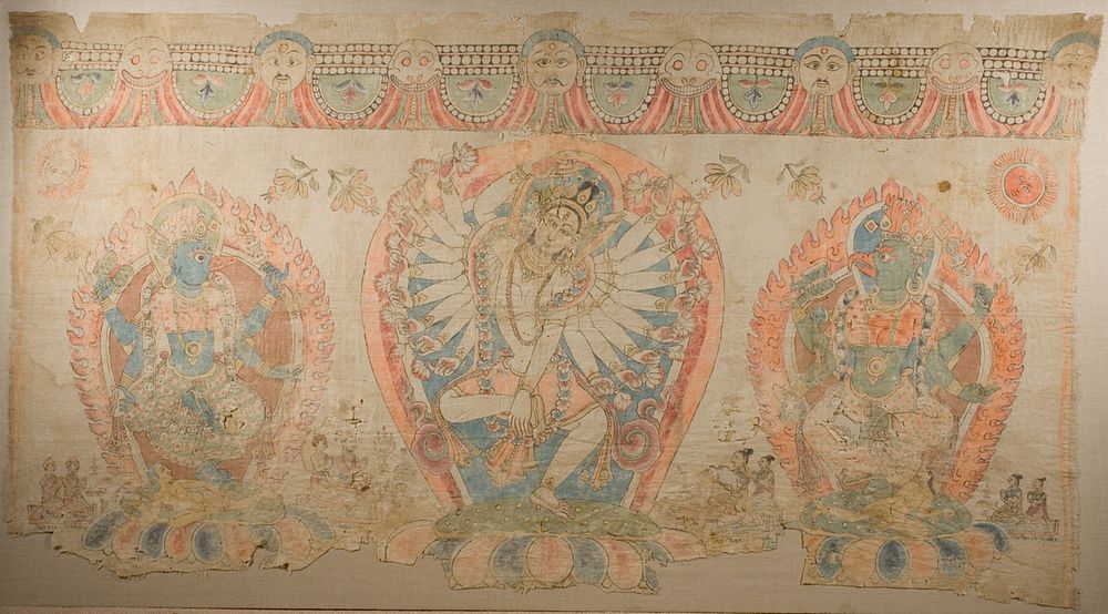 Tantric Temple Banner of a Dancing Goddess Flanked by Dakinis