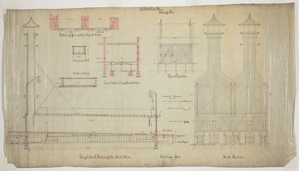 J.M. Brunswick and Balke Company Lumber Dryer, Chicago, Illinois, Elevation and Section by Adler & Sullivan, Architects…