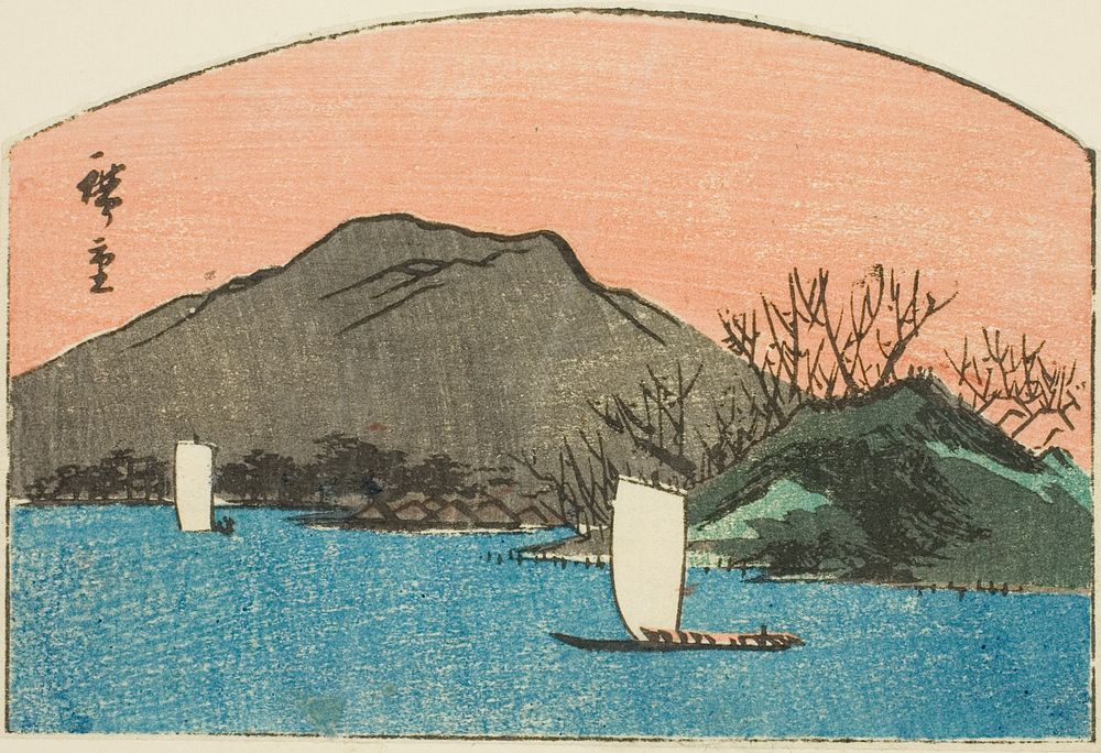 Boats on lake, section of an untitled harimaze print by Utagawa Hiroshige