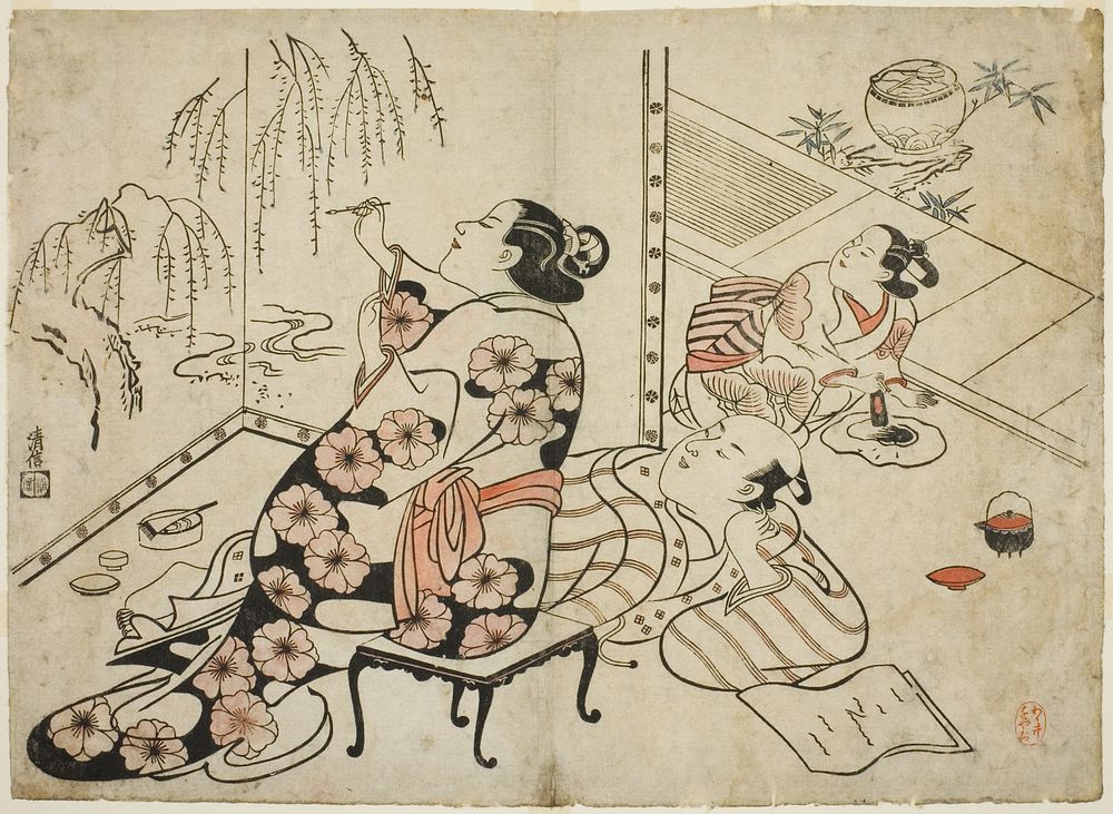 Courtesan Painting a Screen, from a series of 12 erotic prints by Torii Kiyonobu I