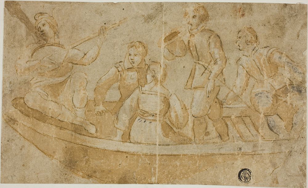 Three Men, Woman and Luteplayer in Boat by Unknown Italian