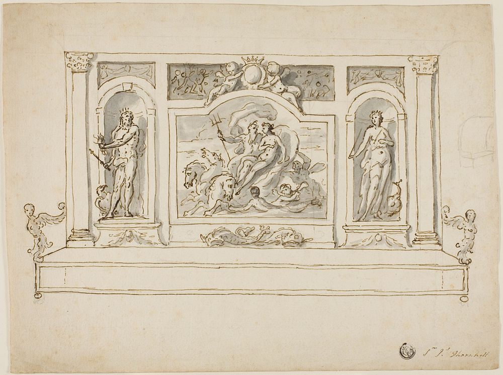 Neptune and Amphitrite Flanked by Jupiter and Juno: Design for Painted Hall or Garden Bench by James Thornhill