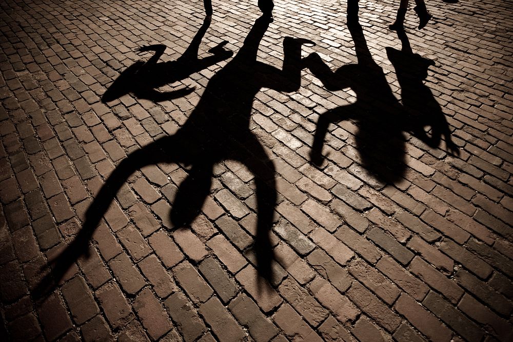 Family jumping shadow on brick. 