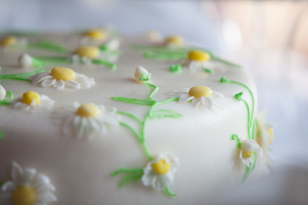 We are close up on the details of this adorable cake, covered in white fondant and decorated with fondant daisies and…