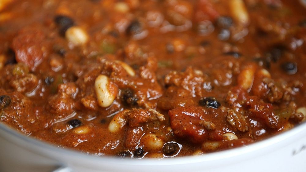Close up of chili in a crock pot.