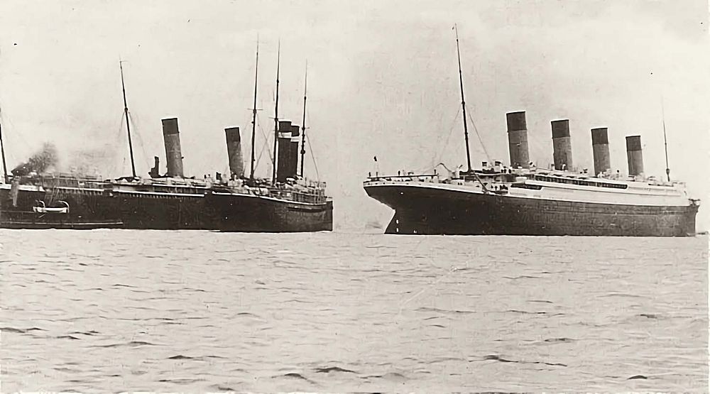 Titanic safely on her way. On the left, the RMS Oceanic and the SS New York can be seen (1912)