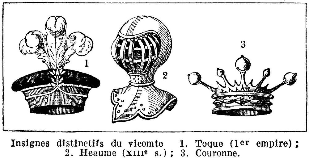 Insignia of a viscount (beret, helmet, crown symbols).Vintage book illustration (encyclopedia plate, chart, line art) from…
