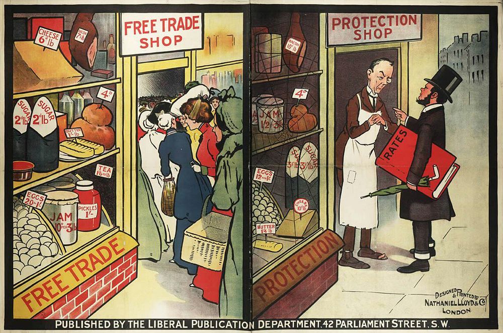 Liberal Party poster clearly displaying the differences between an economy based on Free Trade and Protectionism. The Free…