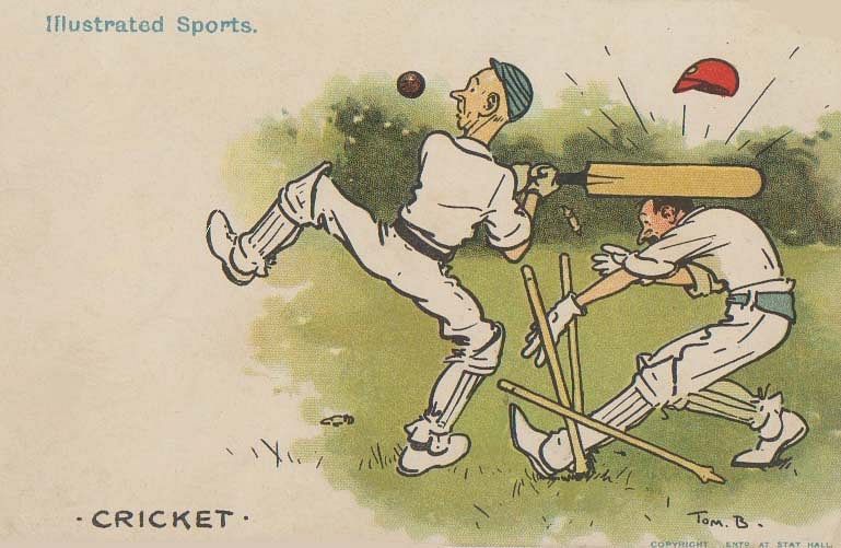 Postcard entitled "Illustrated Sports CRICKET" (slightly cropped), signed "Tom B", used in the post with green halfpenny…