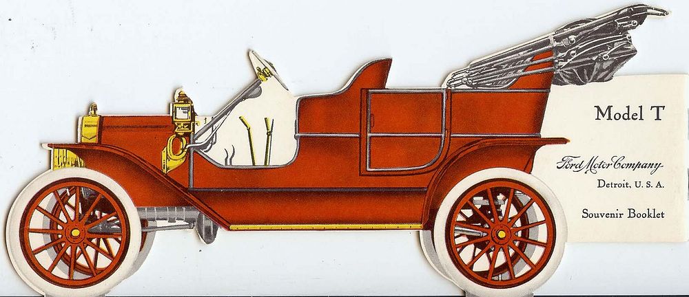 1909 Ford Model T Touring Car, with optional folding top and headlamps, as shown on the back cover of a 1909 Ford souvenir…