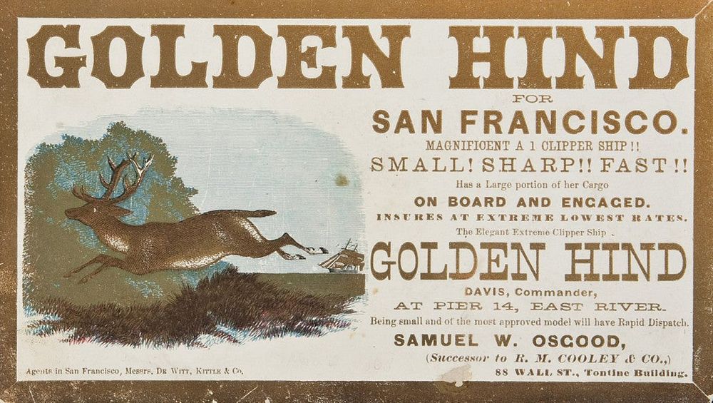 Clipper ship sailing card for GOLDEN HIND. New York Publisher: Date: March 1868 Description: Clipper ship sailing card, on…