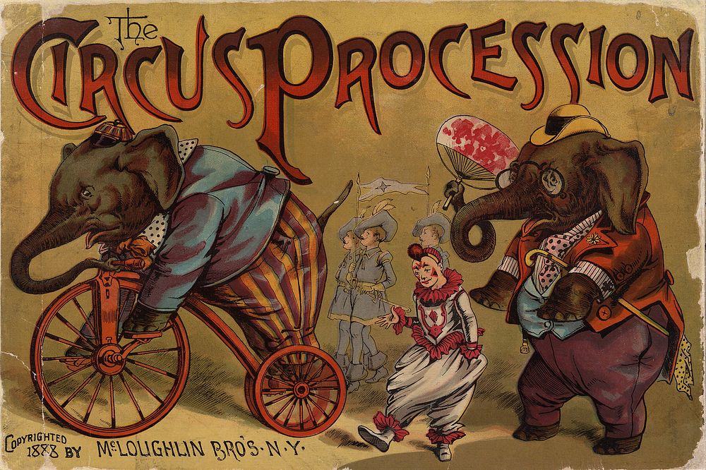 "Circus Procession" 1888 artwork showing two elephants in human clothing, one of whom rides a tricycle, a clown, and 3…
