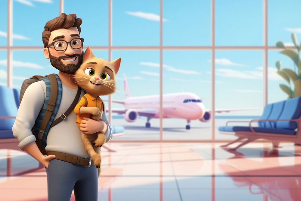 3D cat traveling with owner cartoon illustration