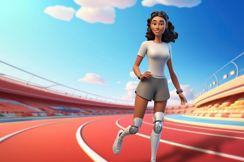 3D disabled woman jogging cartoon illustration