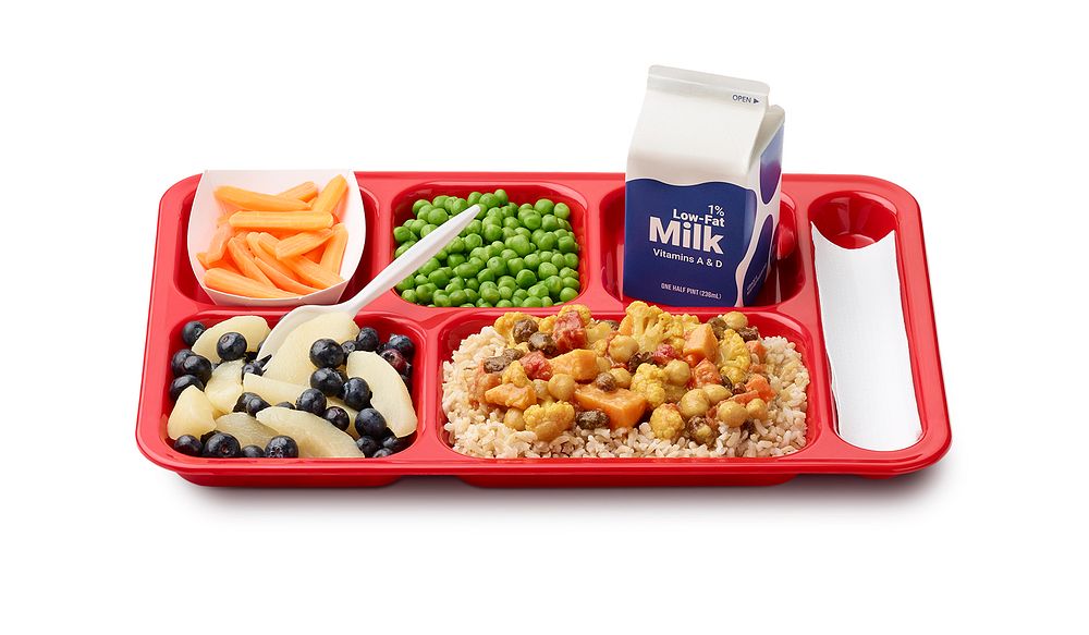A school lunch tray showing a reimbursable meal for grades 9 through 12 served by Bellingham Public Schools in Washington.…