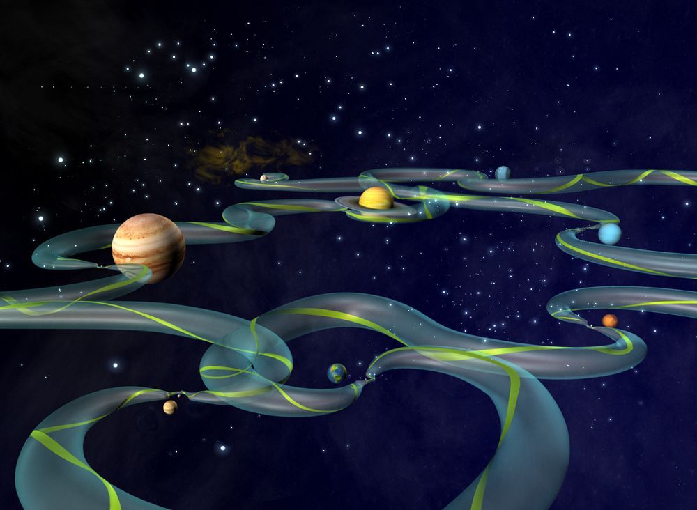 Artist's concept of the Interplanetary Transport Network. The green ribbon represents one possible path from among the…