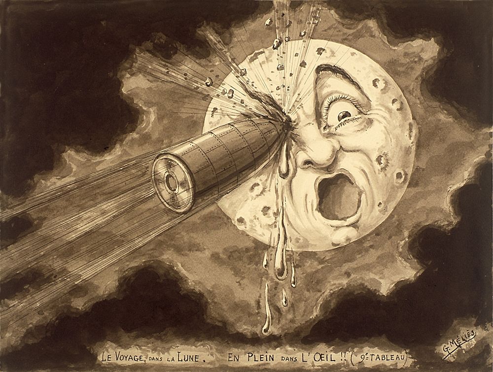 "Le voyage dans la lune, en plein dans l'&oelig;il!!" (1902), a drawing by Georges M&eacute;li&egrave;s of the vessel…