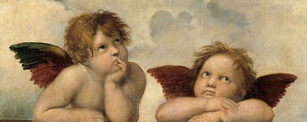 Two putti, as seen in the painting Sistine Madonna by Raphael