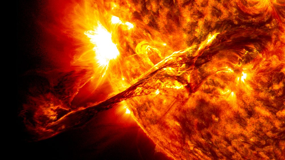 On Aug. 31, 2012, a giant prominence on the sun erupted, sending out particles and a shock wave that traveled near Earth.…