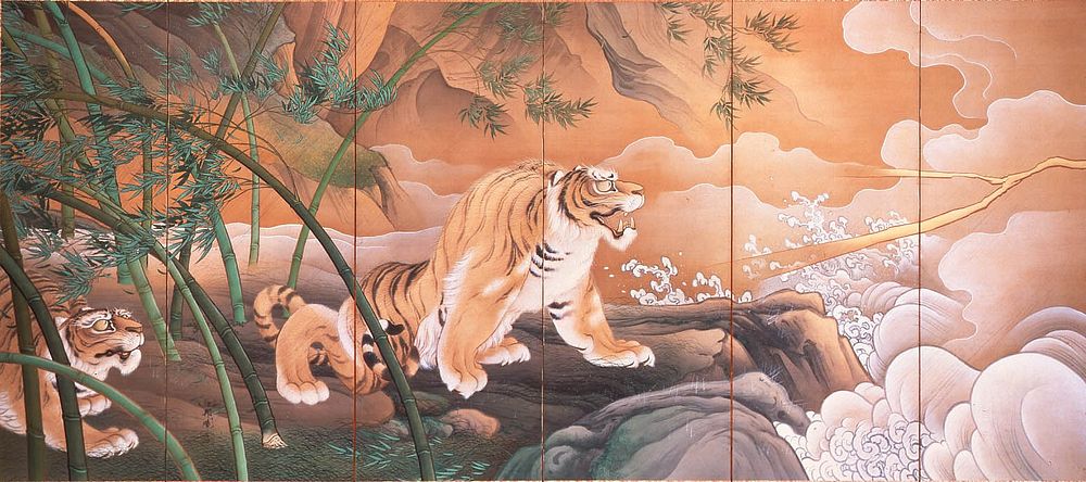 Folding screen with painting of dragon and tiger. Important Cultural Properties of Japan