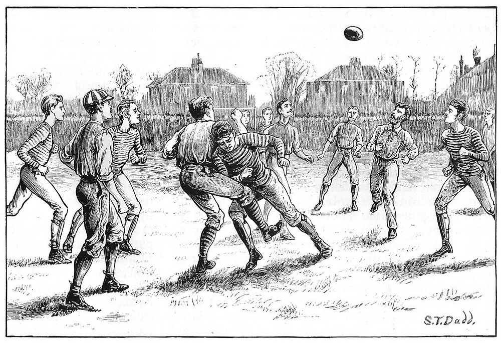Old Etonians v. Blackburn Rovers playing a match under the association football code. Engraving.