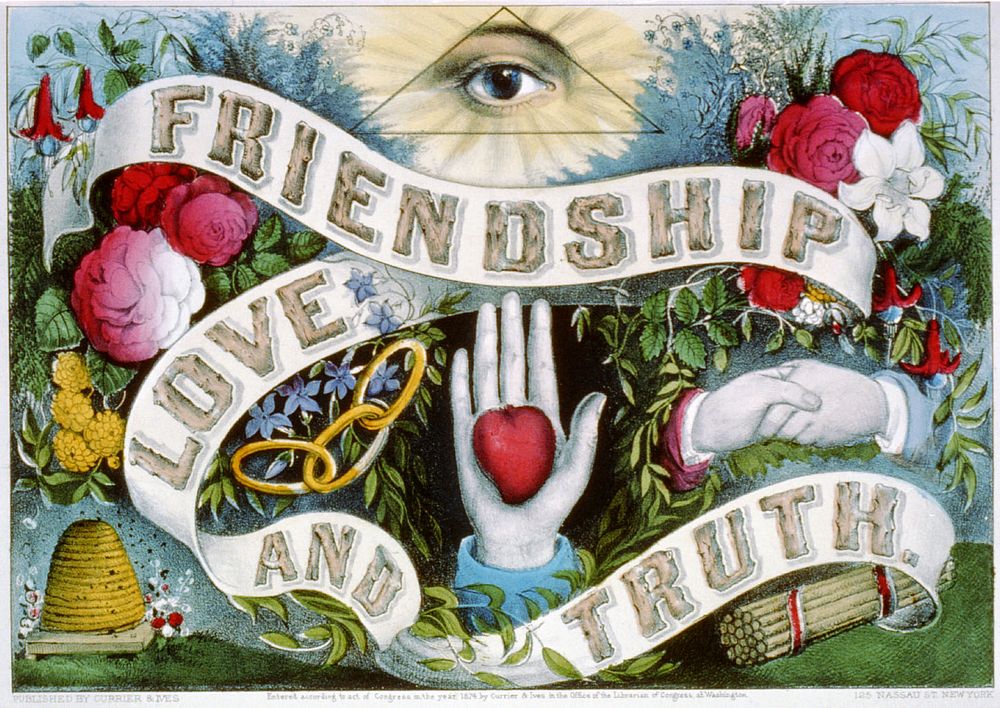 Currier & Ives symbolic print "Friendship, Love, and Truth". Includes symbolic Eye of Providence, handshake, beehive of…