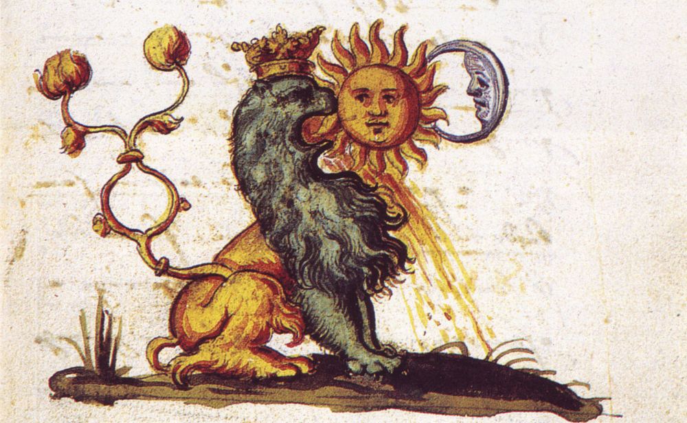 Lion between Sun and Moon, by Jaroš Griemiller, translation into Czech of the Rosarium Philosophorum, Prague, 1578