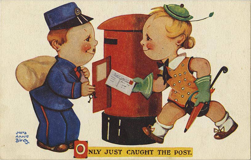 Cartoon of mailman and woman with the mail, Only Just Caught the Post