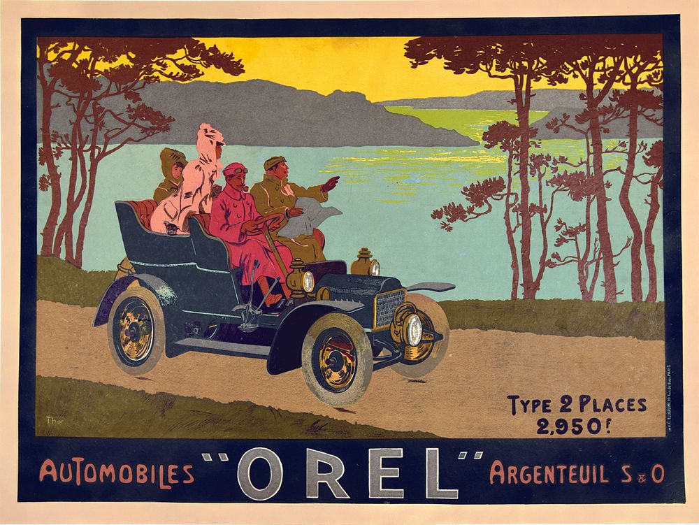 AUTOMOBILES "OREL" ARGENTEUIL S & O. Lithographie en couleurs. Imp. G. Elleaume, Paris. Entoilée