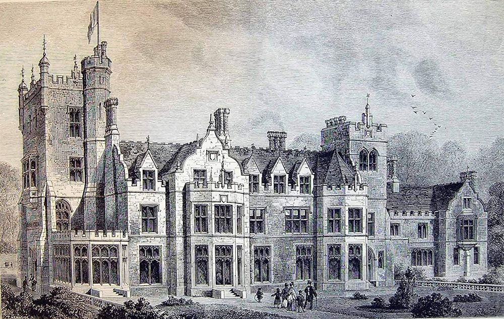 Hope End Mansion, Ledbury, Herefordshire, England. Engraving from The Builder, 8 November 1873, caption "Mansion at Hope End…