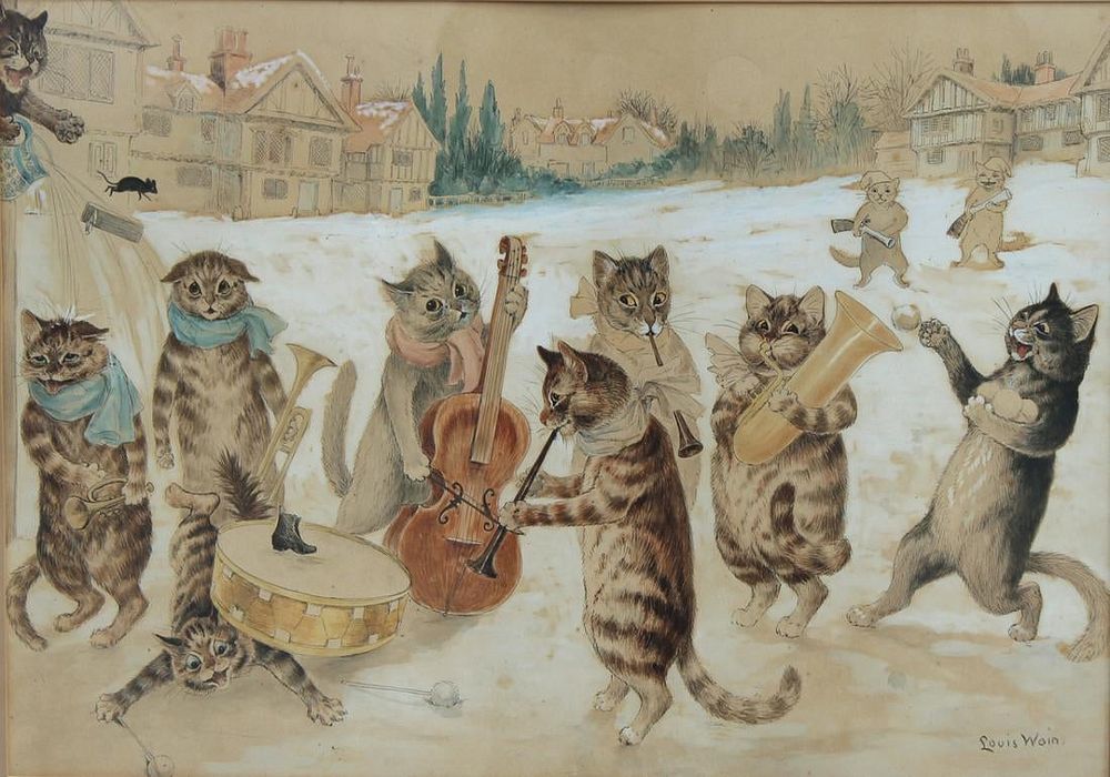 Carol Singing by Louis William Wain, watercolor, gouache, pen and pencil on paper, 15 x 22 inches