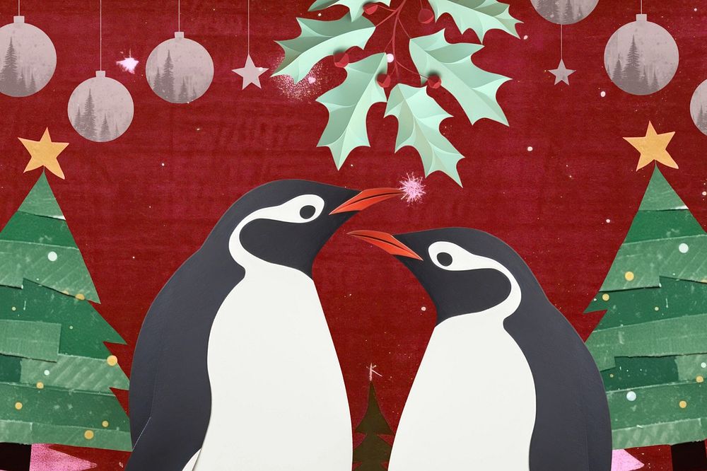 Christmas penguin couple, festive paper craft remix
