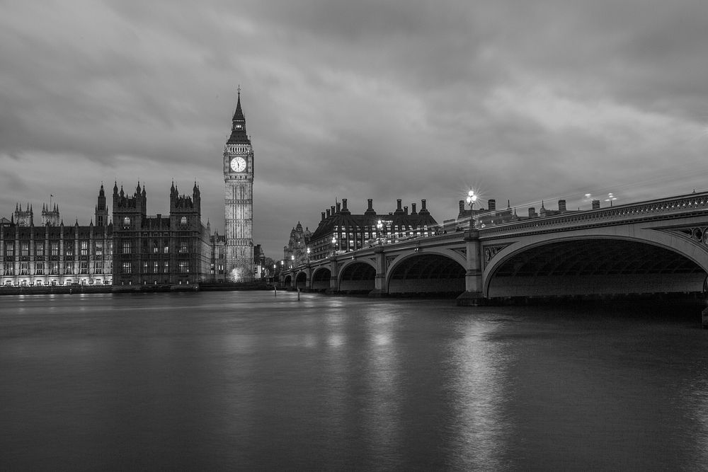 Free Big Ben, London, black and white image, public domain travel CC0 photo.