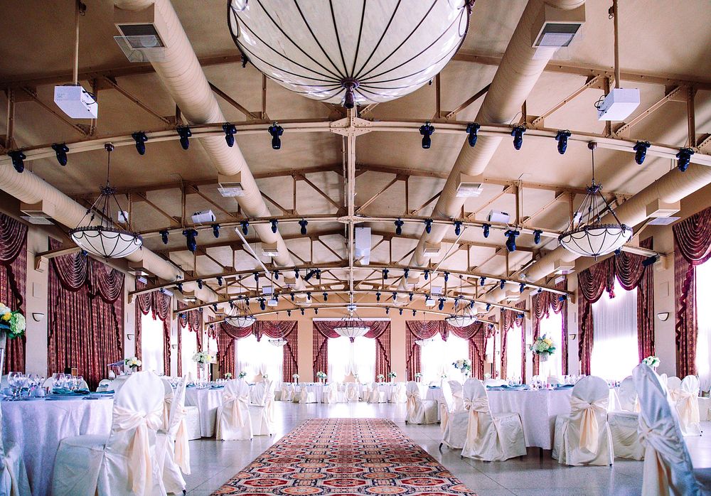 Free beautiful, large wedding hall image, public domain interior CC0 photo.