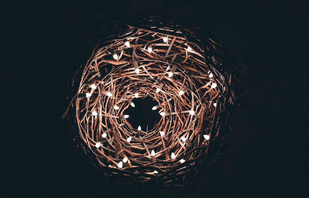 Nest at night with a string of lights throughout it, free public domain CC0 image.