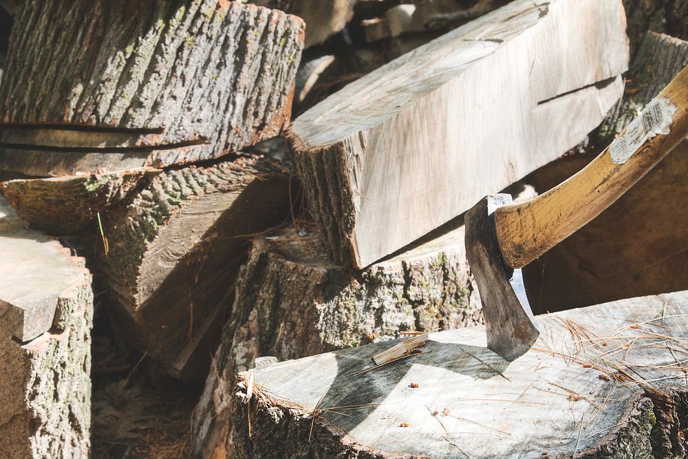 Free axe sticking on log near a pile of chopped wood photo, public domain nature CC0 image.