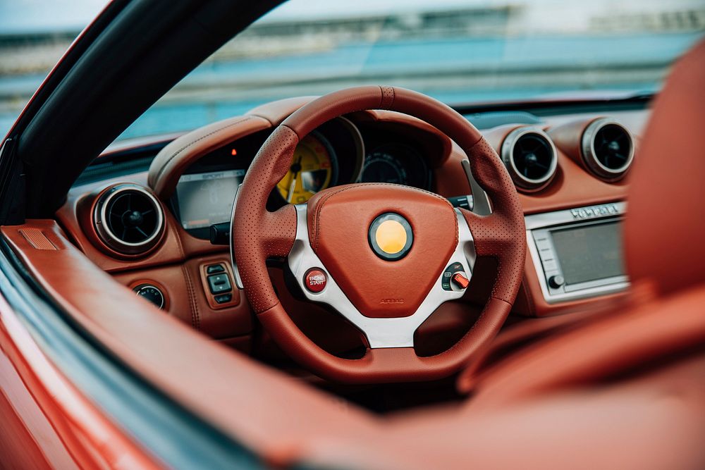 Interior view of a Ferrari California. Brown leather is a beauty.