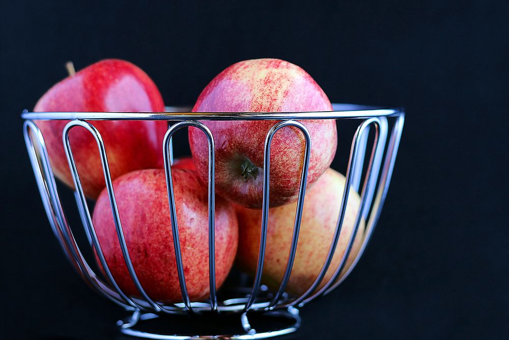 Free red apple in basket image, public domain fruit CC0 photo.