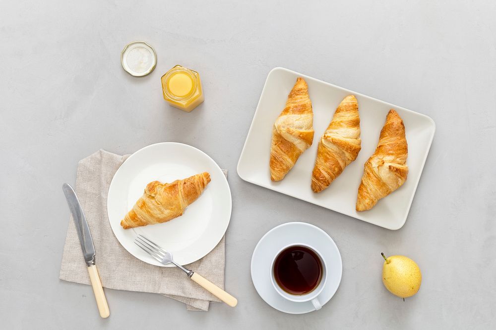 Free croissants and tea for breakfast image, public domain food CC0 photo.