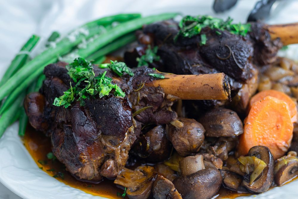 Free lamb shanks, mushrooms, rosemary, wine image, public domain meat CC0 photo.