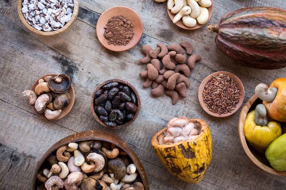 Free cocoa, seeds, grain, tropical fruits on table public domain CC0 photo.