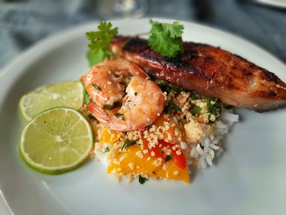 Free vegetable couscous with shrimps and fish image, public domain food CC0 photo.