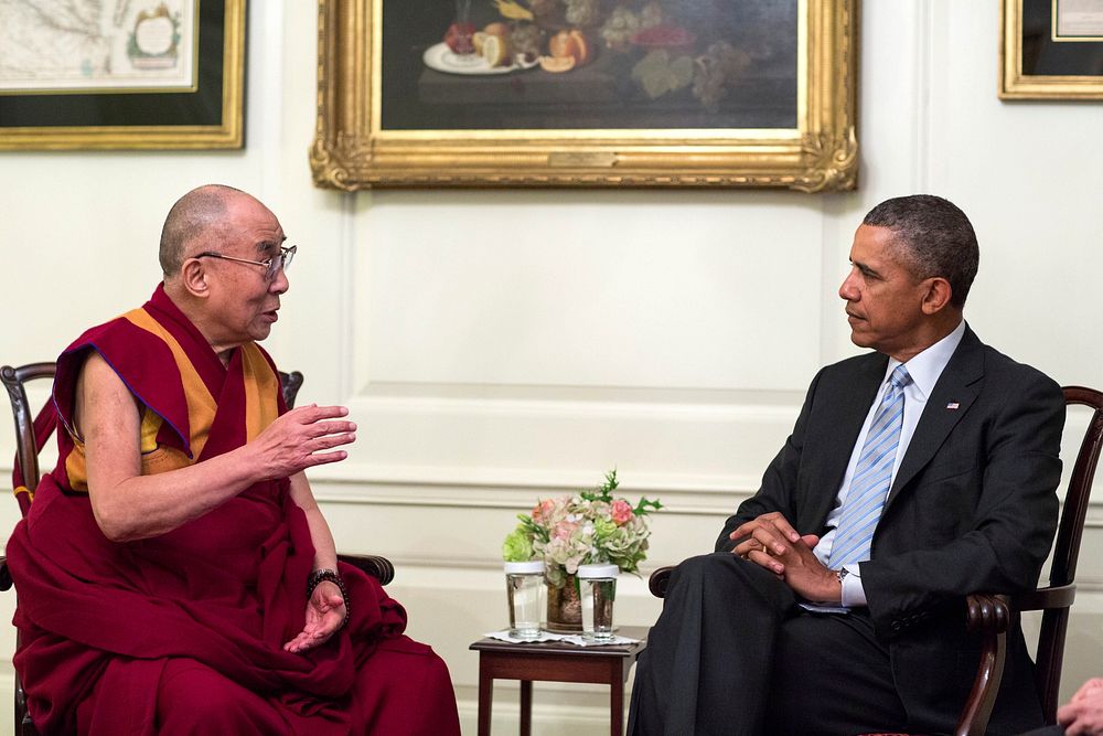 President Barack Obama meets with the Dalai Lama in the Map Room of the White House, Feb. 21, 2014.