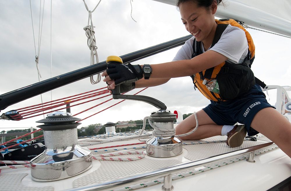 NEW LONDON, Conn. -- U.S. Coast Guard Academy cadets practice sailing a Leadership 44 sailboat on the Thames River Sept. 10…
