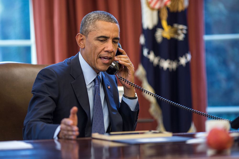 President Barack Obama talks on the phone with Dr. Tom Frieden, Director of the Centers for Disease Control and Prevention…